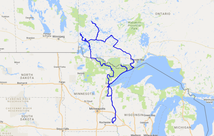 Map of a motorcycle tour on my Triumph Bonneville into Ontario