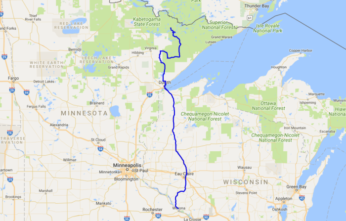 Map of the first day of motorcycle tour on my Triumph Bonneville into Ontario