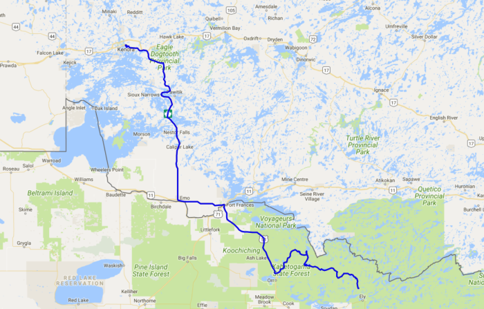 Map of the second day of motorcycle tour on my Triumph Bonneville into Ontario