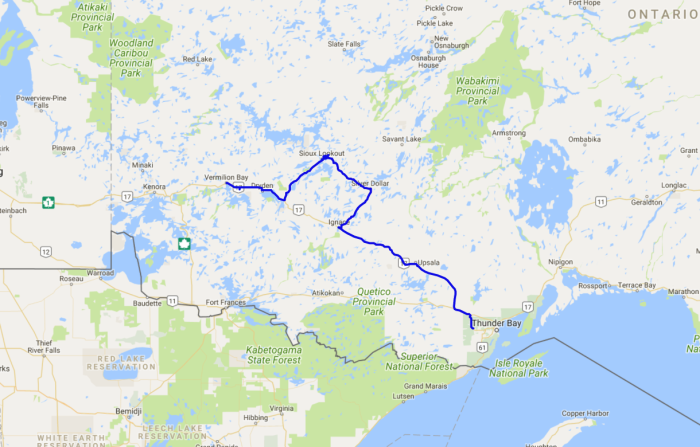 Map of the fourth day of motorcycle tour on my Triumph Bonneville into Ontario
