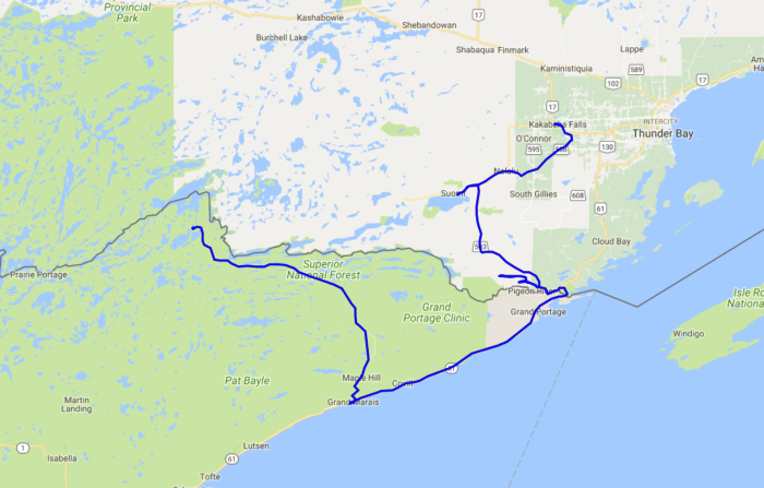 Map of the fifth day of motorcycle tour on my Triumph Bonneville into Ontario